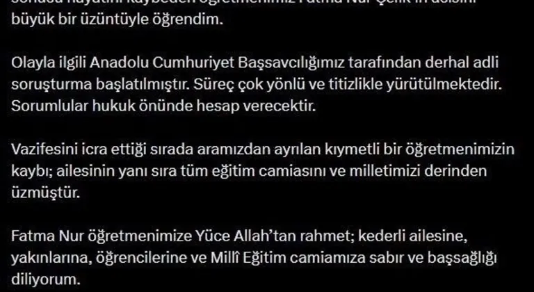 Bakan Gürlek: '(Öğretmen Fatma Nur Çelik) Olayla ilgili derhal adli soruşturma başlatılmıştır'